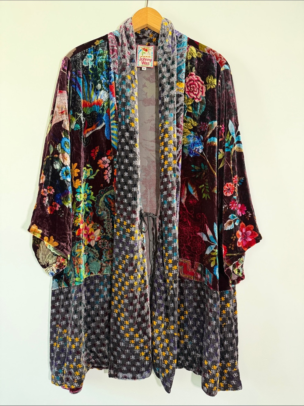 Johnny Was Velvet Floral & Bird Kimono Robe in Burgundy, Teal, Blue, Pink & Gold